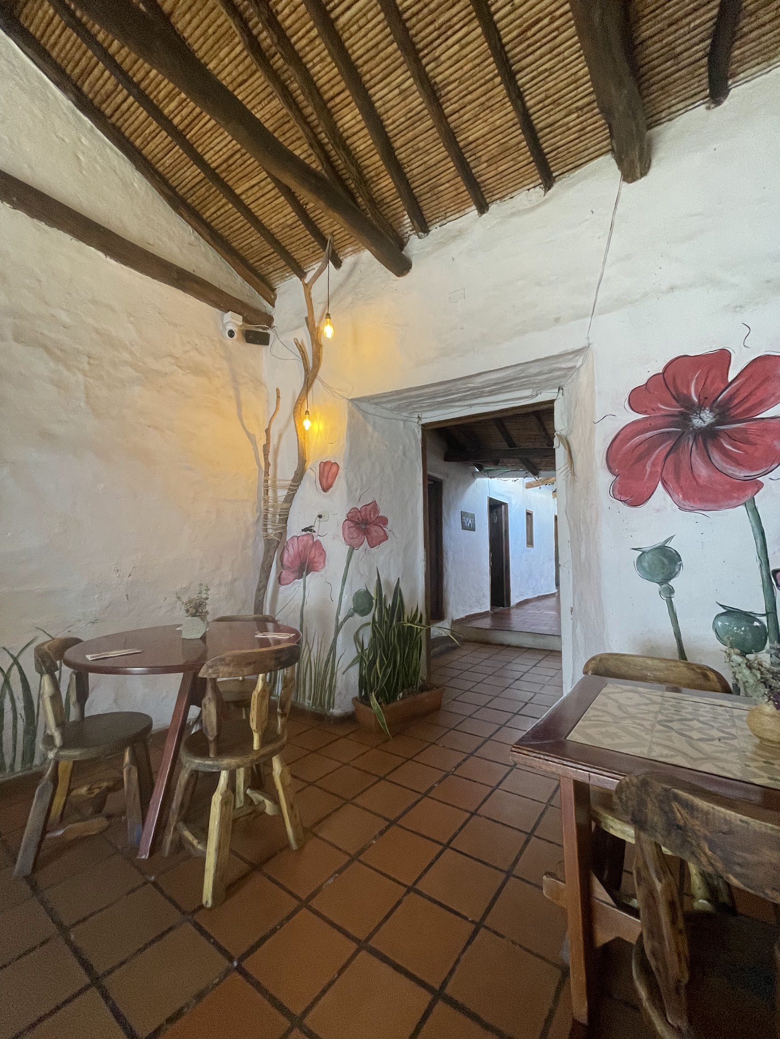 Rincón de Mija con flores rojas pintadas en la pared