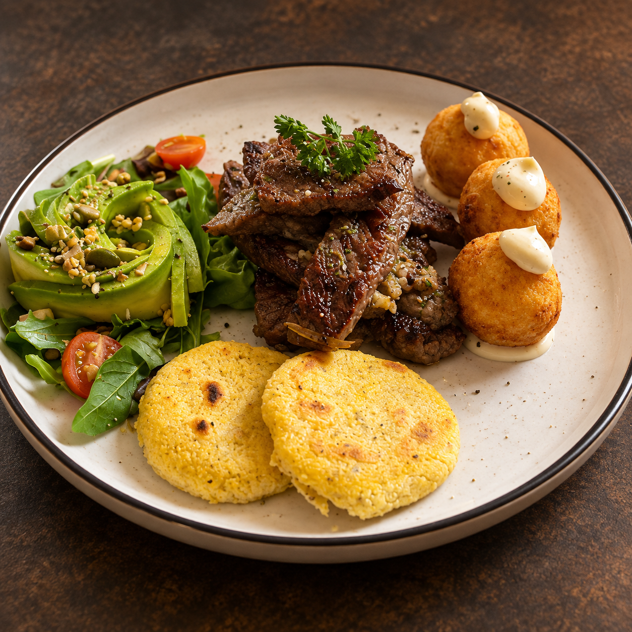 Carne con arepas, ensalada y croquetas